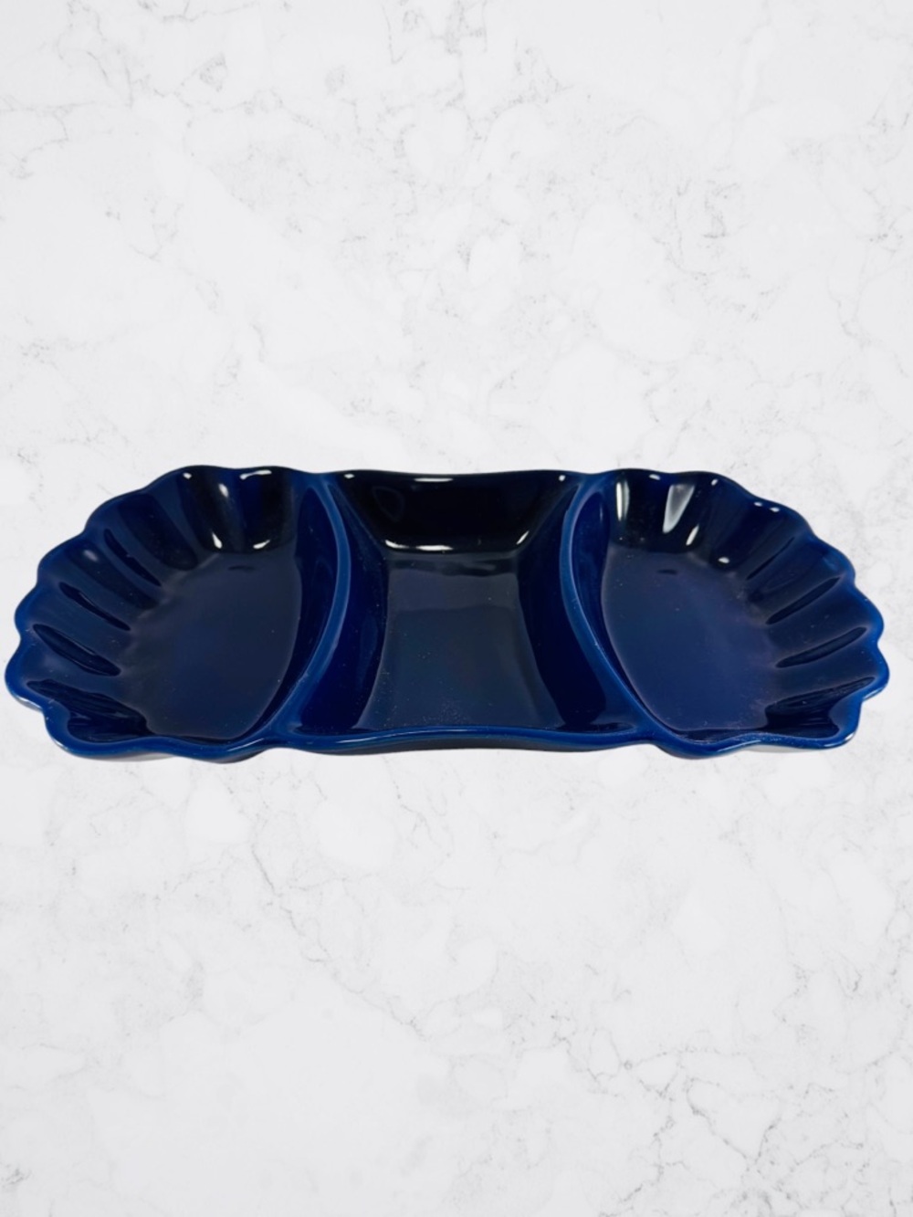 Vintage Cobalt Blue Glazed Pottery Relish Dish Serving Tray 3 Sections Vegetable